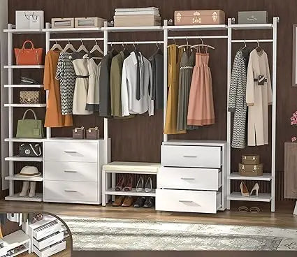 Clothing Rack Heavy Duty Closet System Organizer, 8FT Large Wall Mounted Garment Rack with 6-Drawers