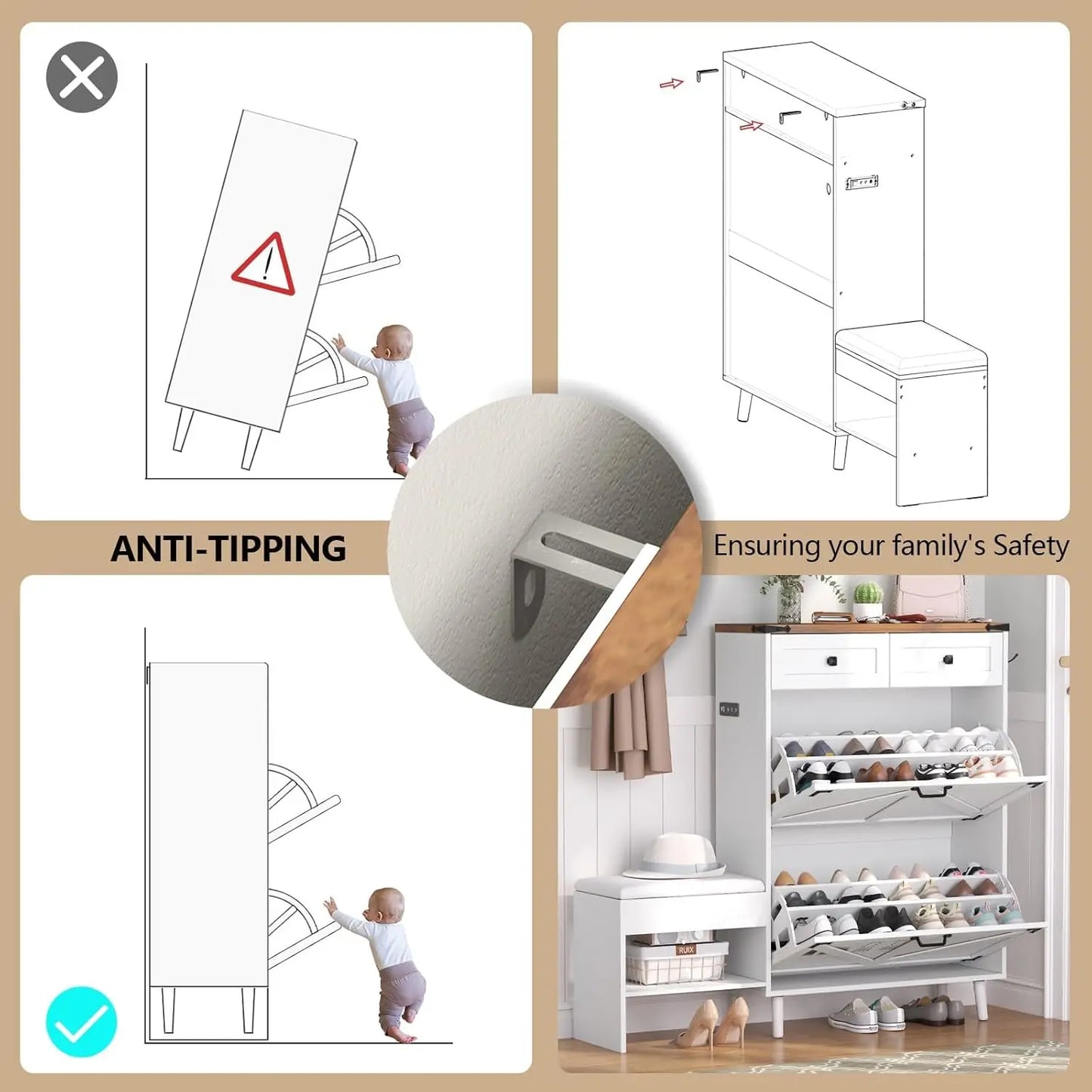 Shoe Storage Cabinet with Bench and Deodorizing Function with 2 Flip Drawers