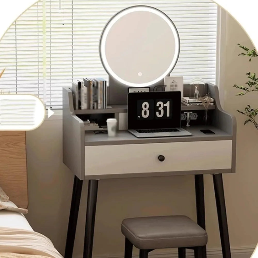 Vanity Desk with Round Mirror and Lights, with Drawers