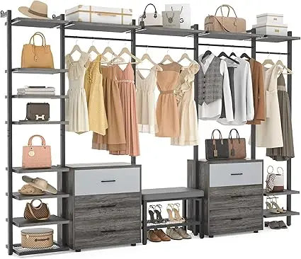 Clothing Rack Heavy Duty Closet System Organizer, 8FT Large Wall Mounted Garment Rack with 6-Drawers