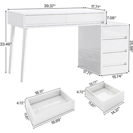 Vanity Desk with 5 Drawers, Reversible Drawer, Printer Stand, Computer Desk with Built-in Power