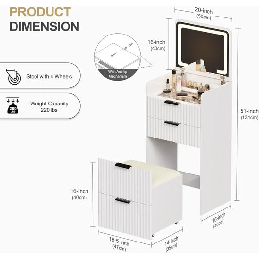 3 in 1 Small Vanity Set w/ Glass Desktop, 3 Drawers & Storage