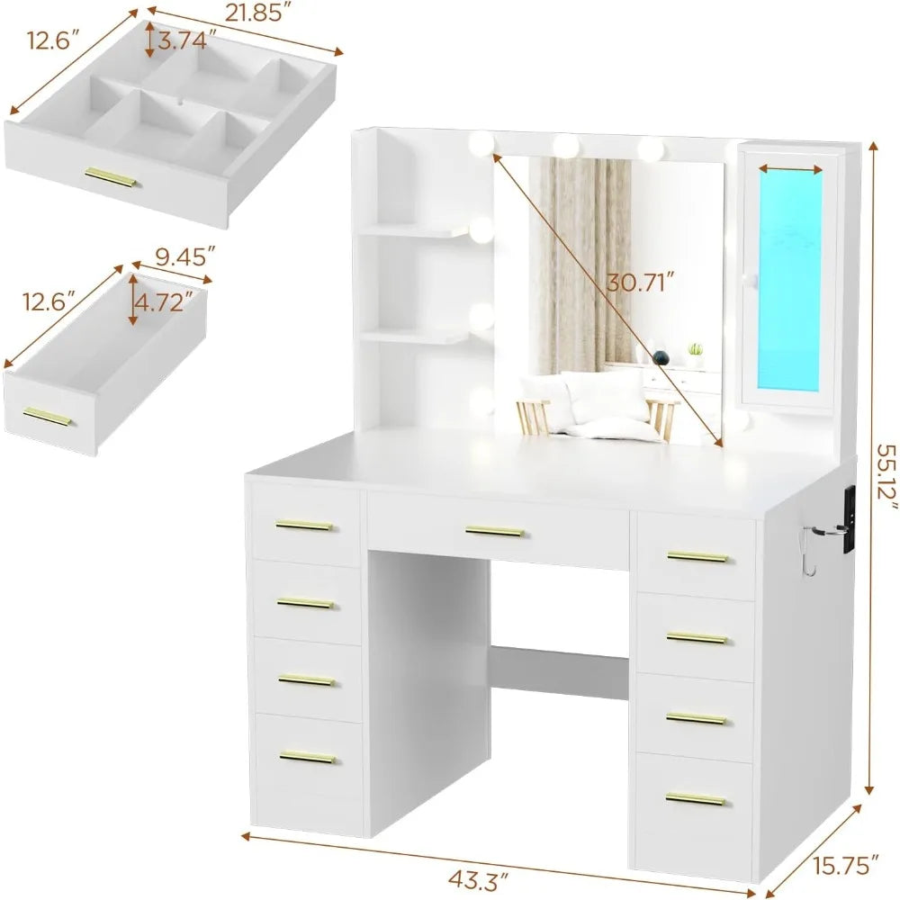 Large 43" Vanity/Desk with Mirror and Lights, 9 Drawers and Power Outlet, 3 Open Shelves and 1 RGB