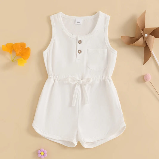 Little Girls Summer Casual Jumpsuit, Sleeveless, Crewneck, Solid Color Drawstring Tank Romper