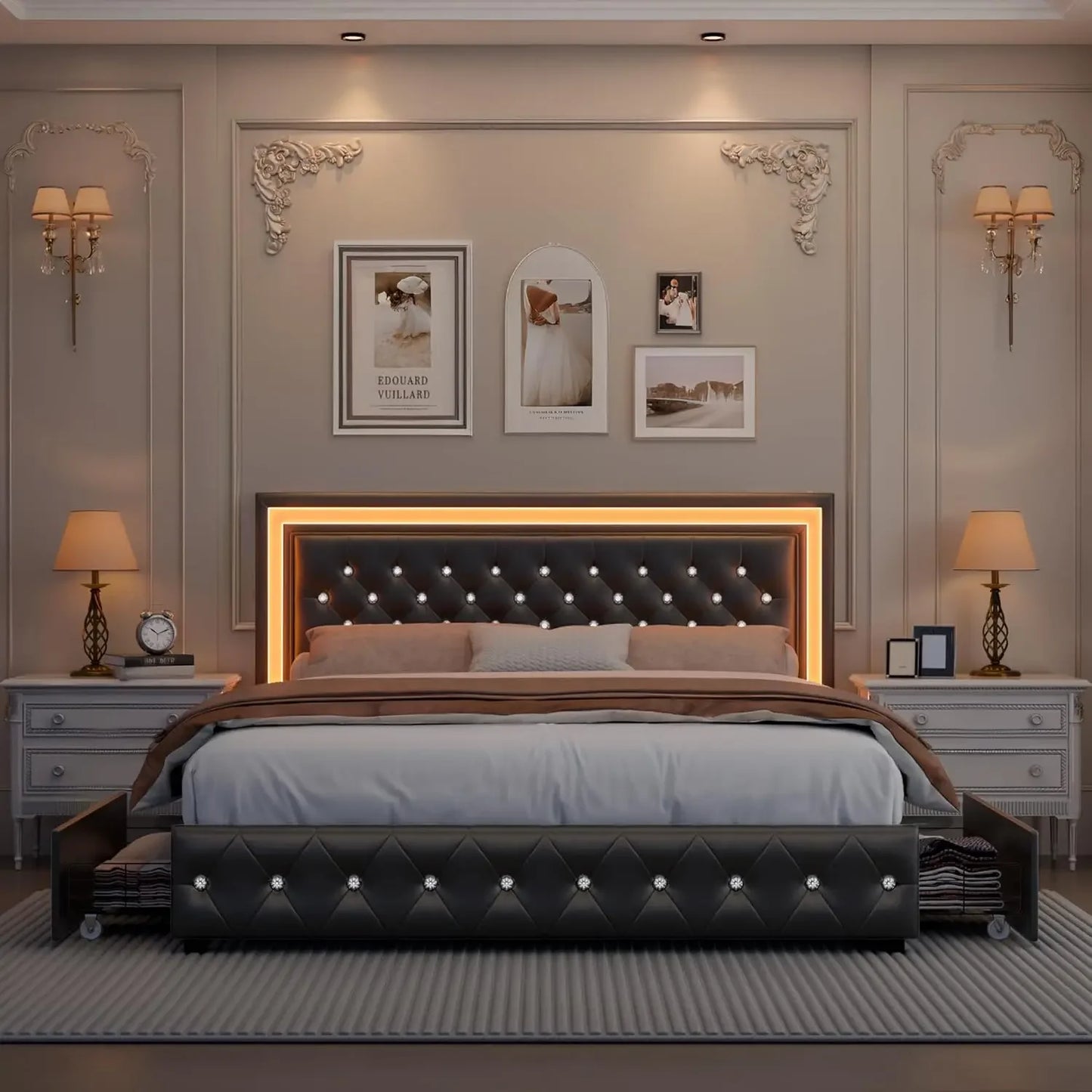 LED Upholstered Bed Frame with 4 Drawers | Adjustable Diamond Headboard • Wooden Slats • No Box Spring needed