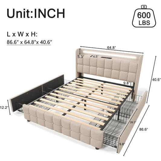 Multiple Color LED Bed Frame with Charging Station, Featuring 2-Tier Headboard, 4 Storage drawers