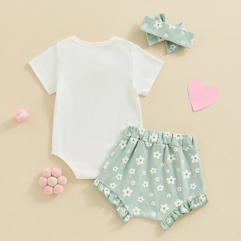 3Pcs 0-18 mo Baby Girl Outfit, Daddy’s Girl, Short Sleeve Romper, Flower Ruffle Shorts, Headband