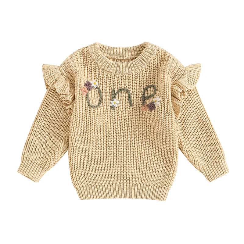 6-18 MO Birthday Sweater, Floral Letter Embroidery, Warm Knitted Pullover