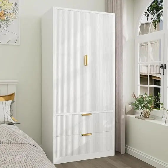 70" Wardrobe Closet with 2 Doors and 2 Drawers, with Hanging Rod