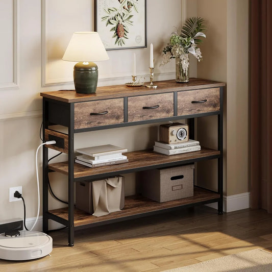 Entryway Table with Power Outlets and 3 Fabric Drawers