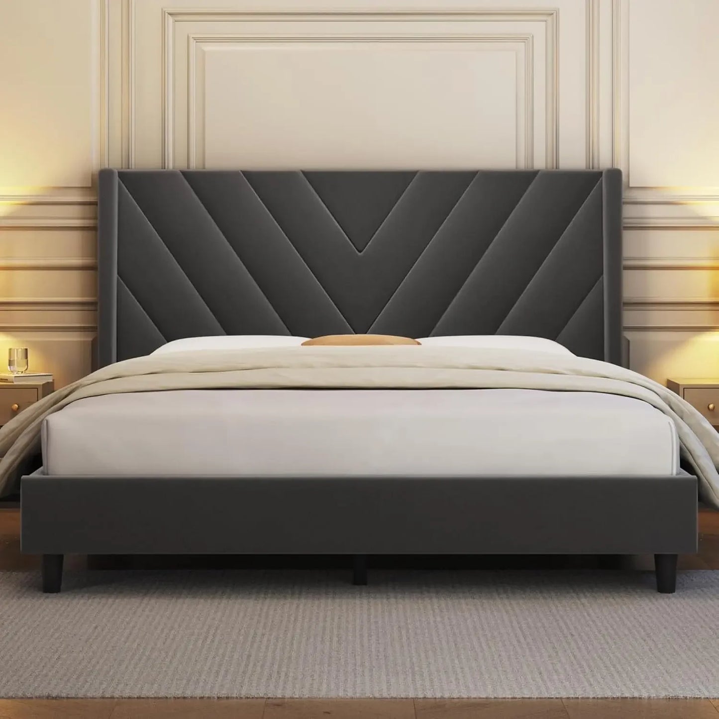 Upholstered Platform Bed with Wing Side/Wooden Slat Support/Tufted Headboard