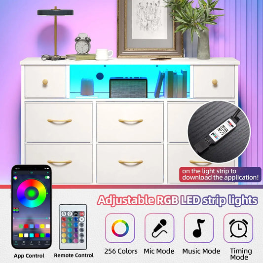 Dresser for Bedroom with Power Outlets and LED Lights, White 55" TV Stand with 8 Drawers, Fabric Chest of Drawers