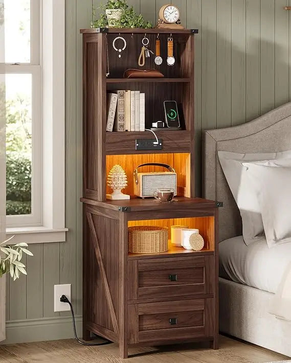 Tall Nightstand with Charging Station and 2 Drawers, LED with Bookshelf