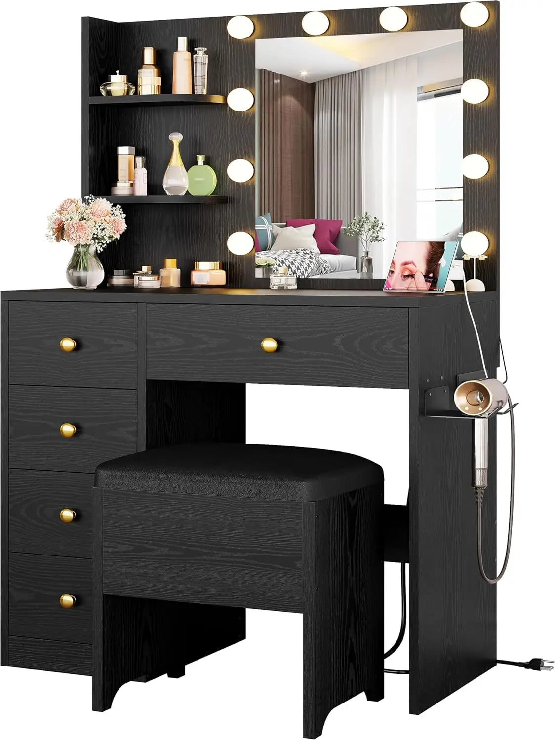 Vanity/Desk with Mirror and Lights with 5 Drawers