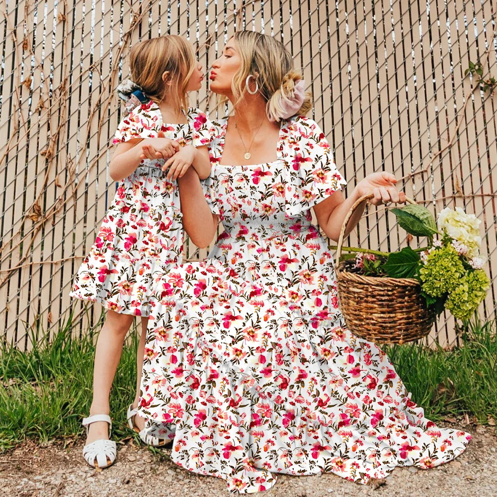 Sweet Dress Mommy And Daughter Matching Outfit, Square Collar, Fashion Print, Ruffle Sleeve