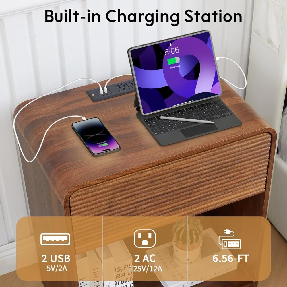 Set of 2, Nightstands with Charging Station, Drawer Storage