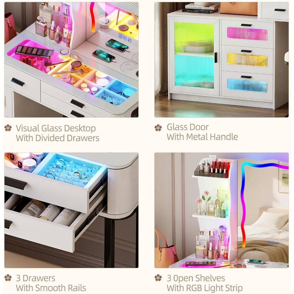 60.9" W Large Vanity/Desk with Mirror and RGB Lights, Glass Top, Charging Station