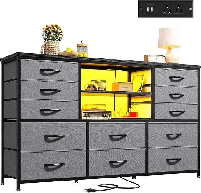 12 Drawers Dresser with LED Lights & Power Outlets, Stand for 60''TV