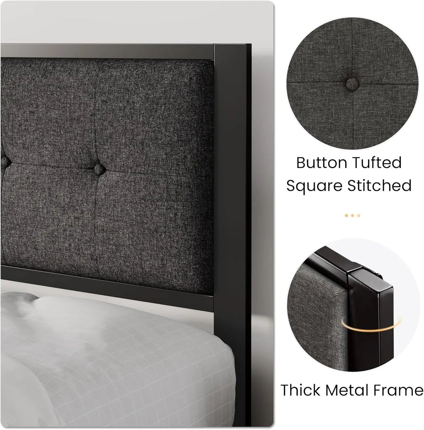 King Size Platform Bed Frame with Upholstered Headboard, Metal Slats Support, Noise Free