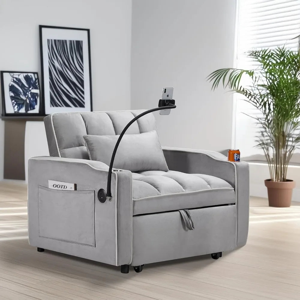 3 in 1 Convertible Sleeper Chair Bed with USB Ports, Cup Holder and Phone Stand