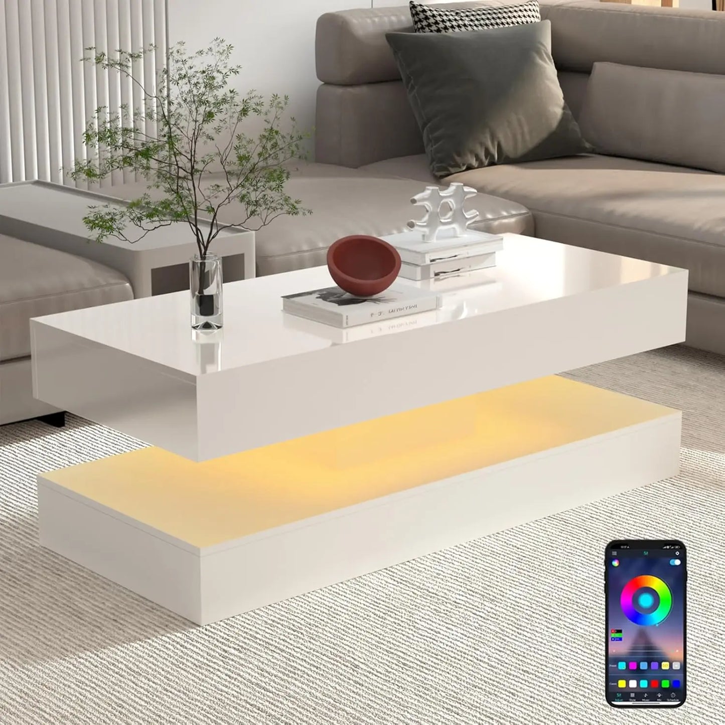 Modern Stylish Coffee Table with 2 Storage Drawers and LED lights