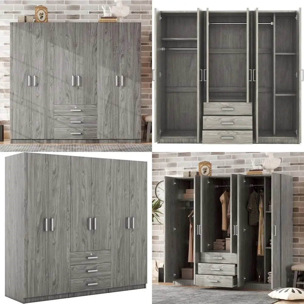 "Spacious 6-Door Armoire Wardrobe with Ample Drawers, Hanging Space and Shelves for Bedroom Storage"