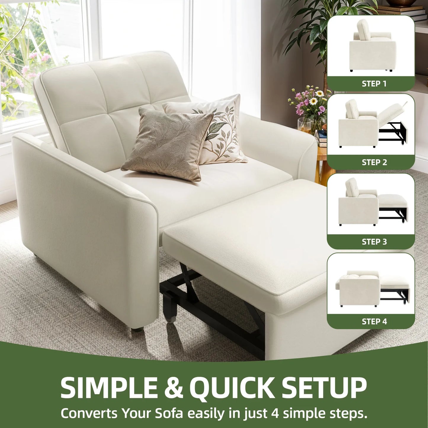 3-in-1 Convertible Velvet Fabric Chair with Button Tufted Backrest
