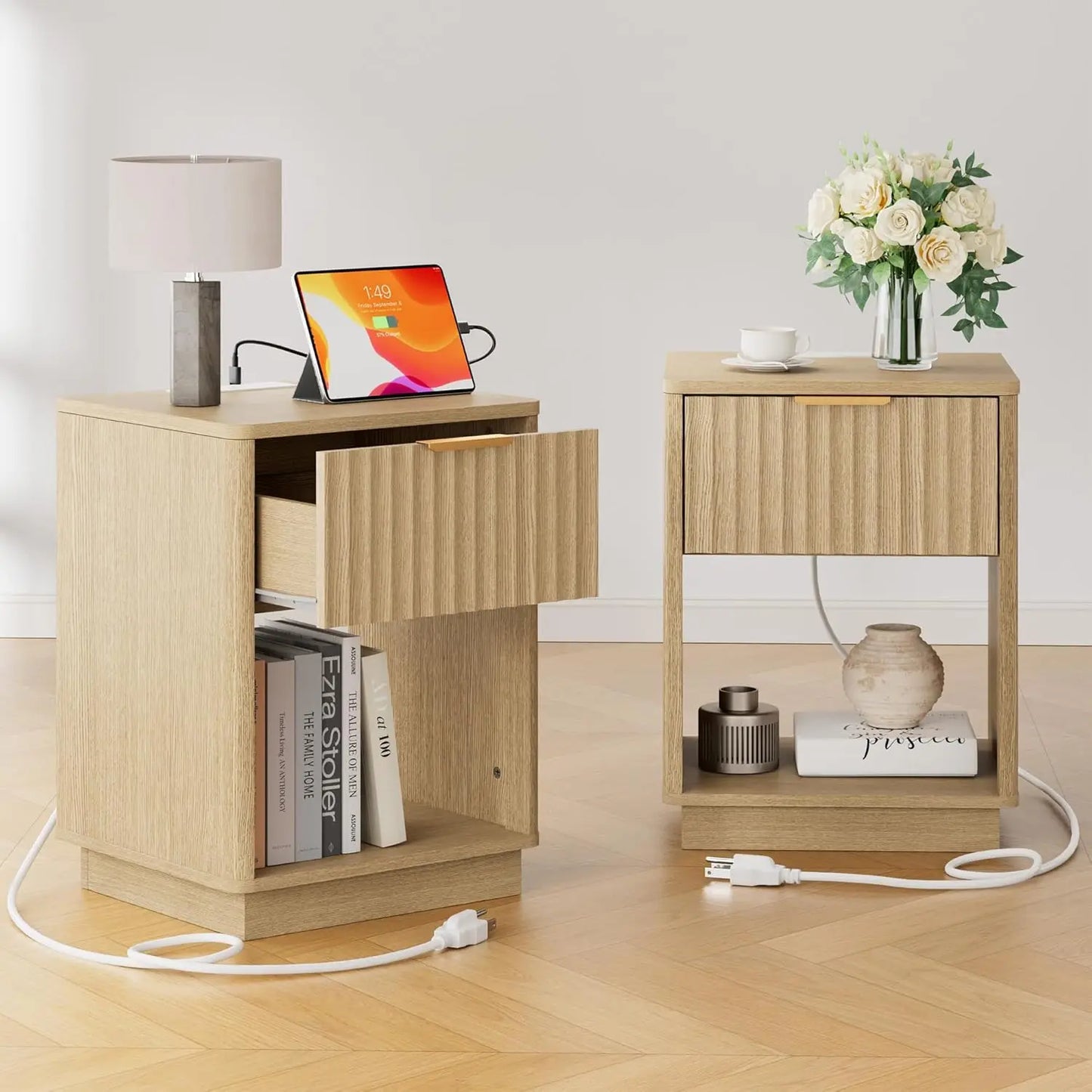 Set of 2 18" Side Tables with Charging Station, Drawer & Open Shelf