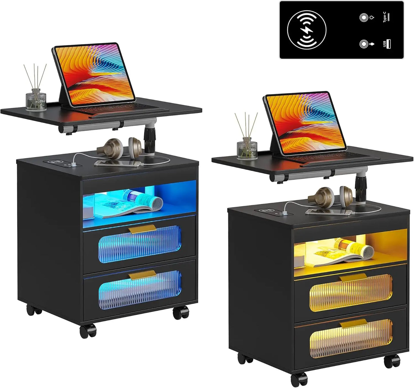 LED Nightstand Set of 2 with Wireless Charging Station, Smart Night Stand with Adjustable Rotary Table