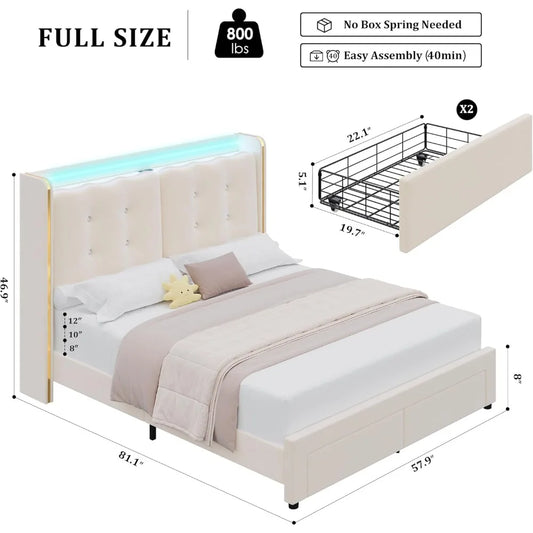 Upholstered Full LED Bed Frame with Charging Station and Storage Drawers, Platform Bed Frames