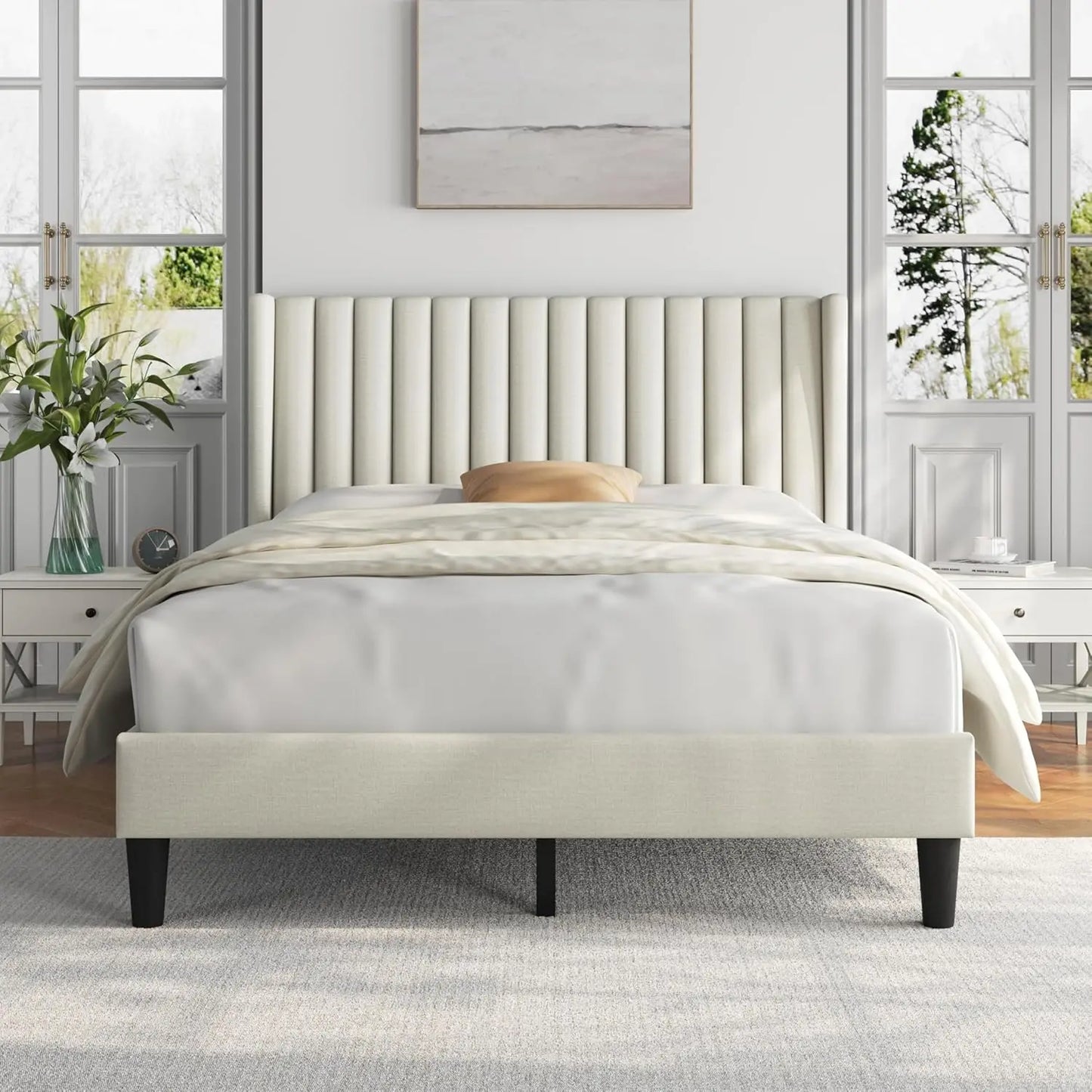 Upholstered Platform Bed - Fabric Headboard with Wing Edge Design | Wooden Slats Support, Non-Slip & Noise-Free