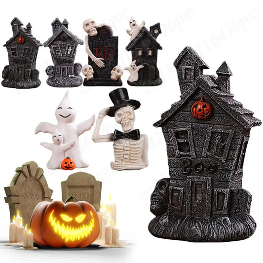 Halloween Miniature Resin Statue Figurines, Pumpkin haunted house and skeleton tombstone