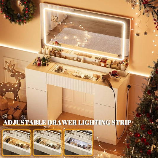 44" Vanity/Desk with Large Mirror and Lights, Modern Glass Top, Power Outlet, 3 Drawers and 2 Cabinet