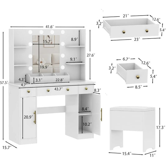 Makeup Desk with Mirror & Lights: Charging Station, 3 Drawers & Stool