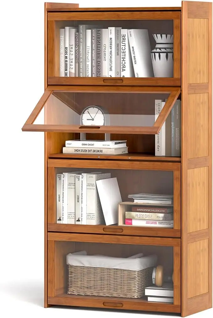 4-Tier 55" Bamboo Bookshelf with Flip-up Acrylic Doors