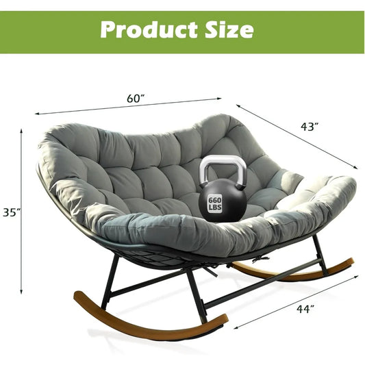 Double Papasan Patio Rocking Chair with Thick Cushions, 660LBS Capacity