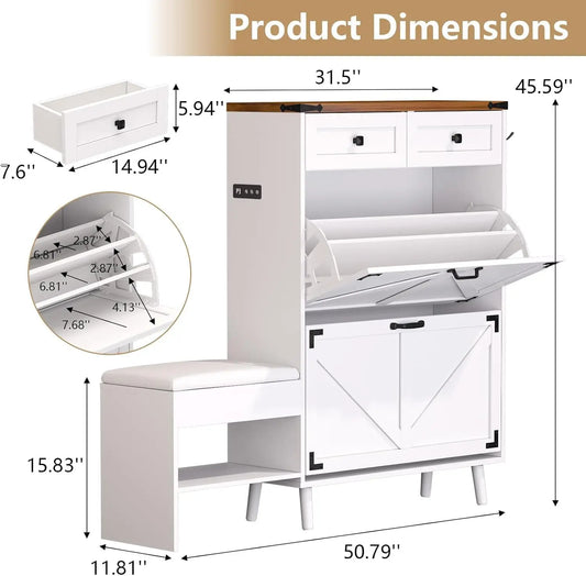 Shoe Storage Cabinet with Bench and Deodorizing Function with 2 Flip Drawers