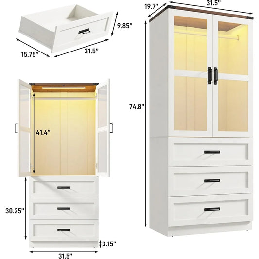 75" 2 Door Armoire Wardrobe Closet with 3 Drawers and LED