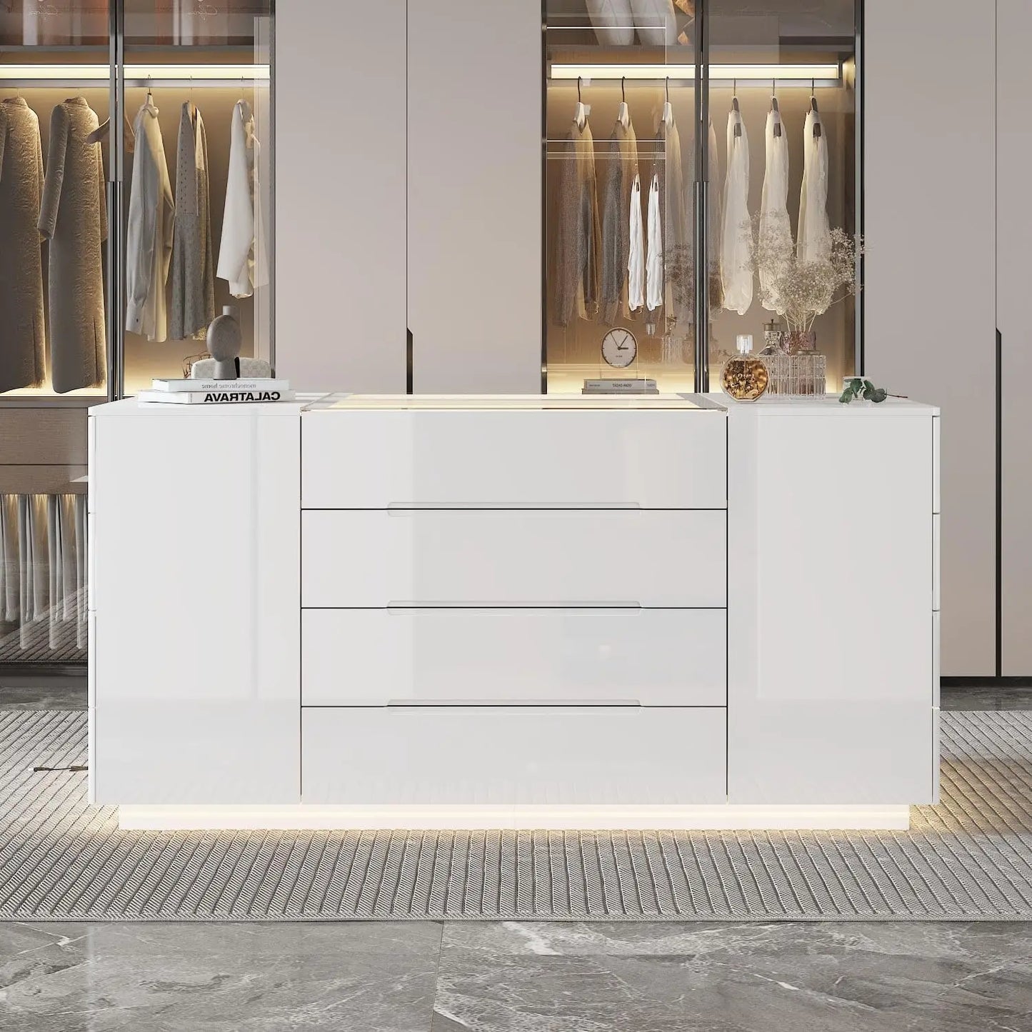 Island Wardrobe with Jewelry Organizer Closet with 16 Drawers & Glass Tabletop