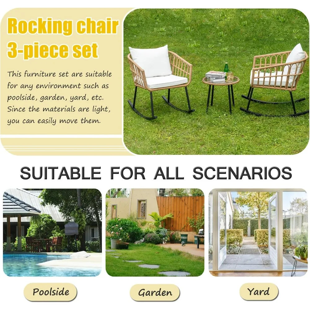 Indoor/Outdoor All Weather Woven Rope Table Set, Tan Wicker Rocker Set With White Cushions