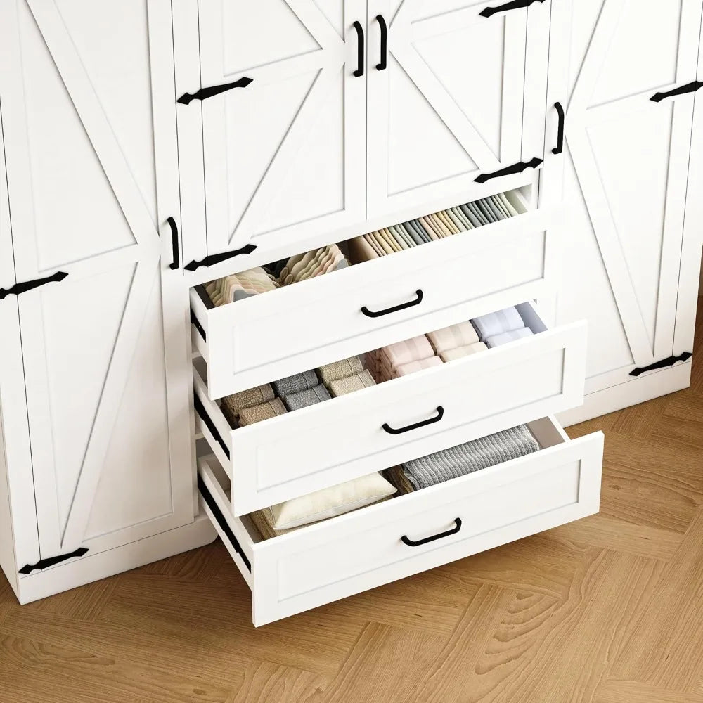 4 Door Armoire with 3 Drawers, Hanging Rod and Adjustable Shelves