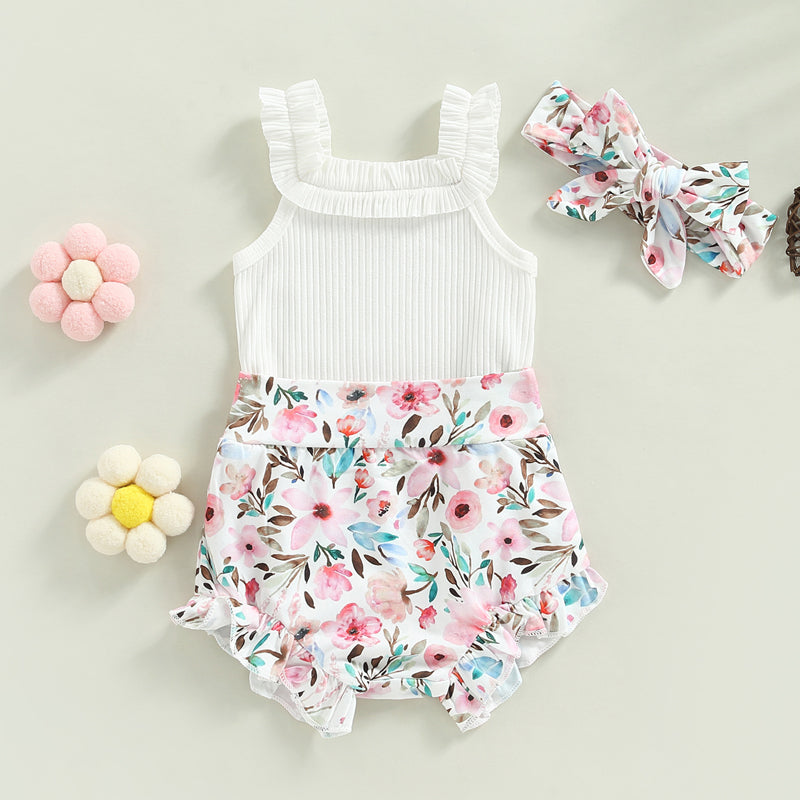 3-18M Baby Girls Shorts Set, Sleeveless Romper, Flower/Rainbow/Print Shorts, Hairband