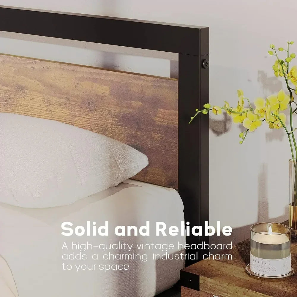 Bed Frame with Wooden Headboard and Footboard, No Box Spring Needed, 14 inch Easy to Assemble