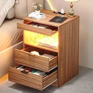 LED Side stand with Charging Station, with 2 Pull-out drawers and Pull-out Shelf
