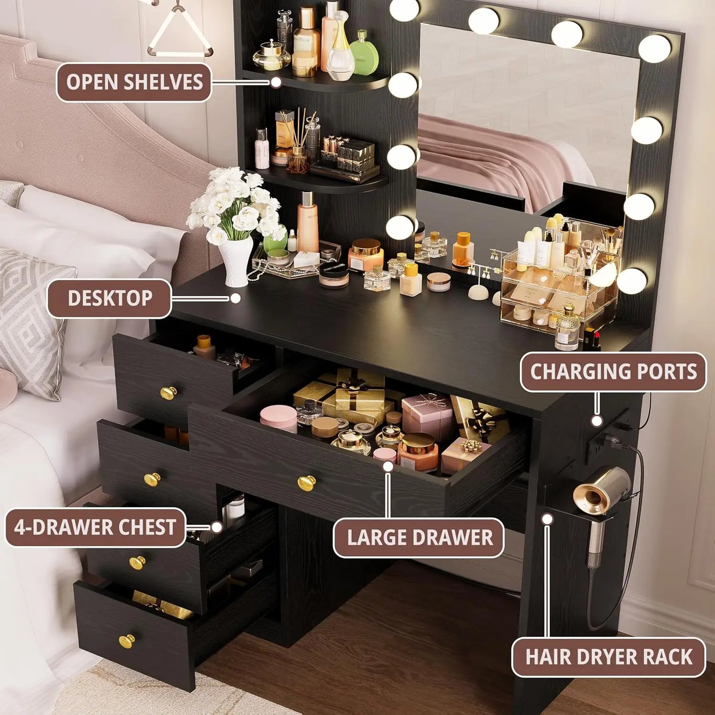 Vanity/Desk with Mirror and Lights with 5 Drawers