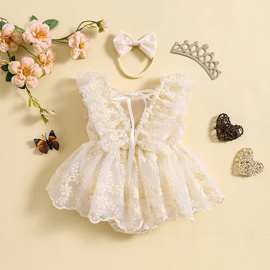 2Pcs  6-24M Baby Girl Summer Ruffle Sleeve Square Neck Lace Romper Dress with Headband Set