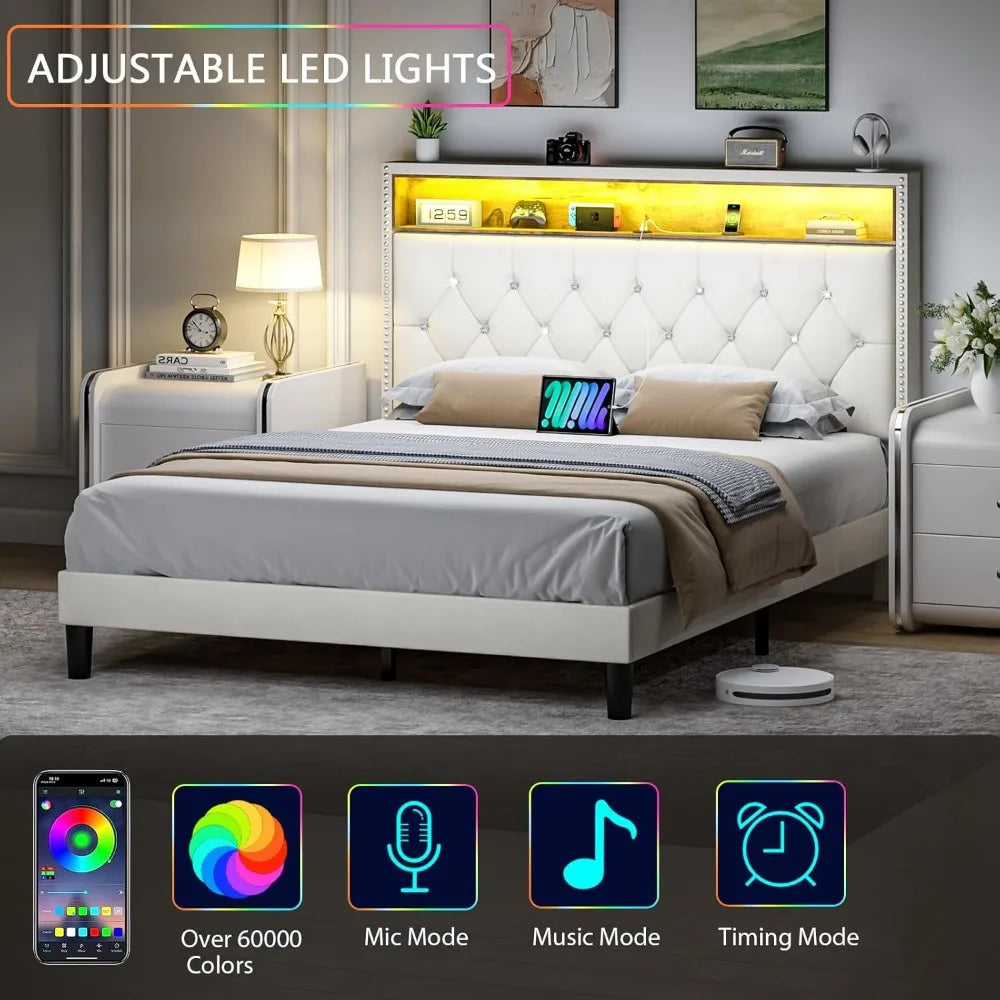 Velvet Upholstered Platform Bed with Storage Headboard and Charging Station, LED Lights