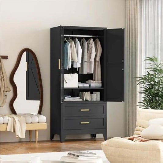 71'' Metal Wardrobe Cabinet with Hanging Rod, 2 Barn Door with Adjustable Shelves, 2 Drawer