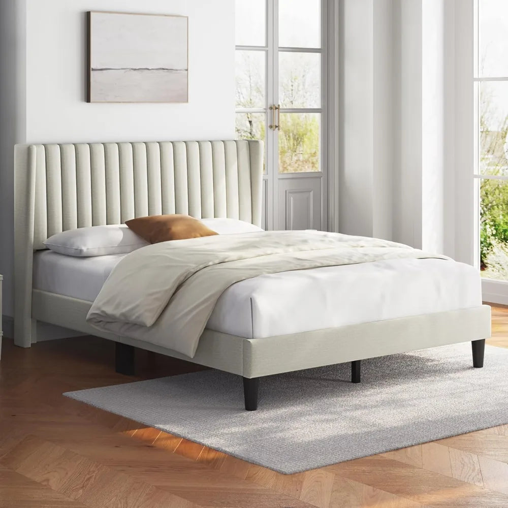Upholstered Platform Bed - Fabric Headboard with Wing Edge Design | Wooden Slats Support, Non-Slip & Noise-Free