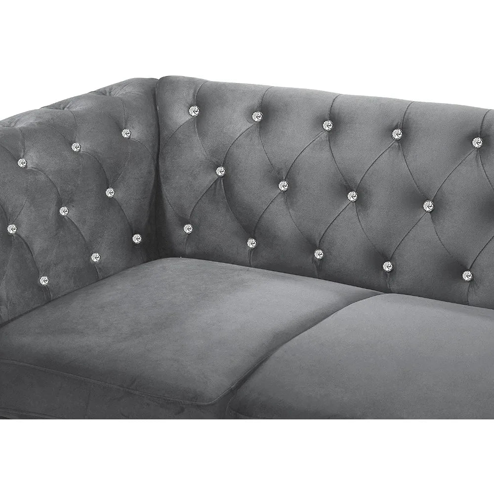 Glam Emma Velvet Two Seater Chesterfield Style Loveseat for Small Spaces with Crystal Button Tufts, Gray